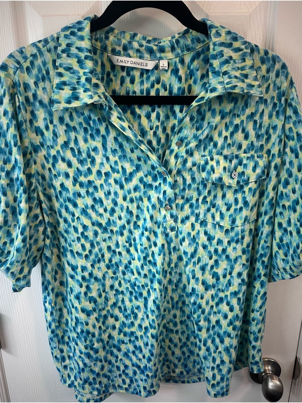 Emily Daniels Teal & Blue Printed Short Sleeve Blouse